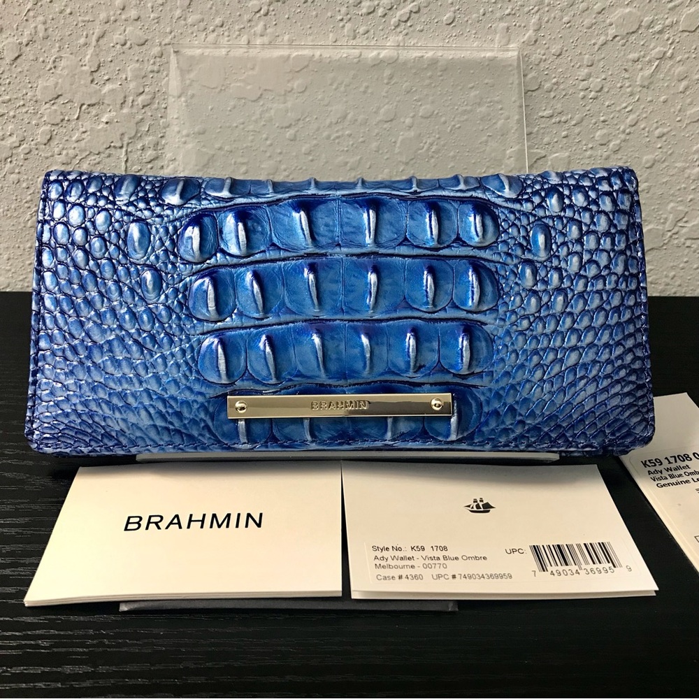 Brahmin Metallic Blue Croc-Embossed Leather Clutch Wallet